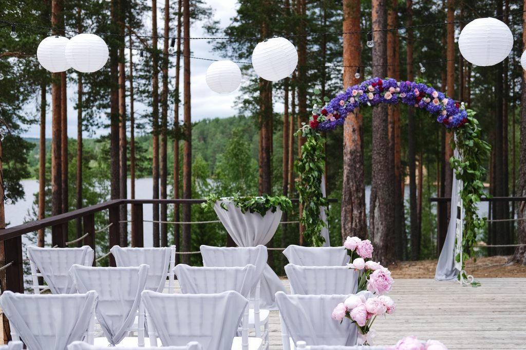 arch for the wedding ceremony, decorated with cloth flowers and